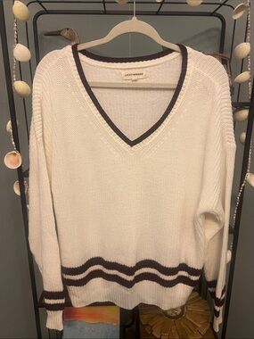 Lucky Brand Cream V-Neck Sweater with burgundy Trim